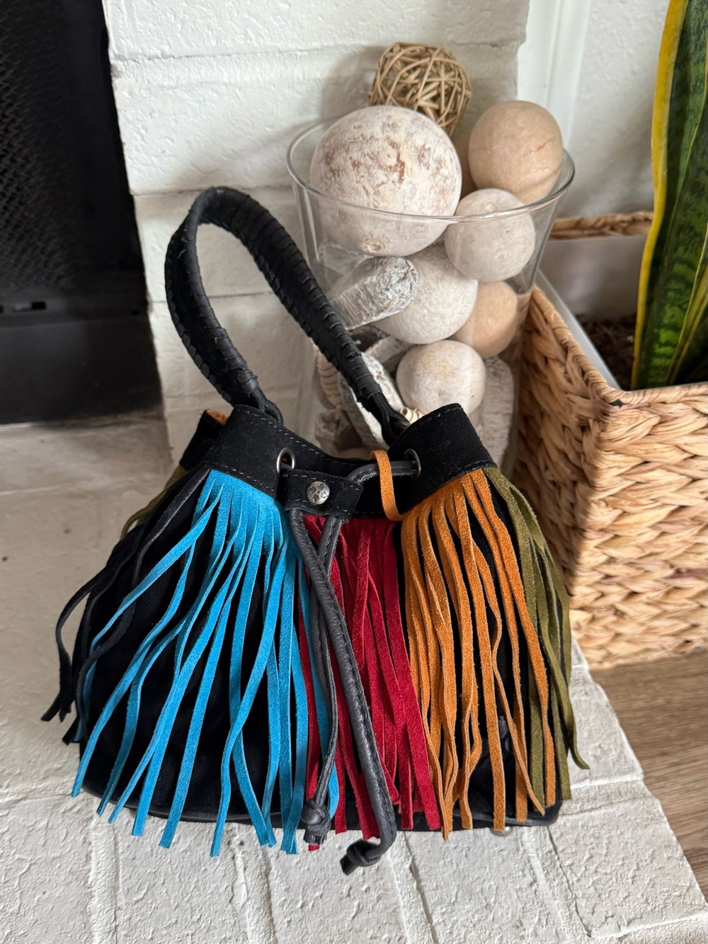 Patricia Nash Elisa Black Suede Multicolor Fringe Bucket Bag Boho Western